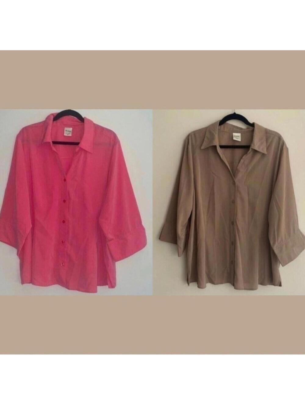 2 Blair Pink & Tan Collar V Neck Button Down Blouse Semi Sheer